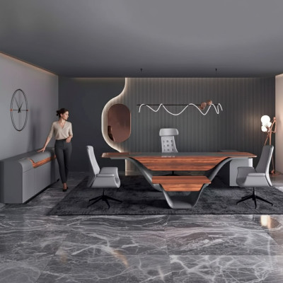 Een luxueuze set voor een hoogwaardig kantoor in futuristische stijl.