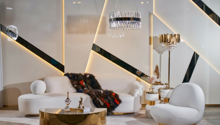 Witte bankstel 3+1-zits ontwerper Ronde glazen salontafel 3-delige set