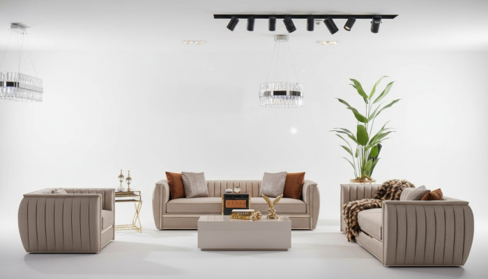 Luxe beige loungeset 3+3+1 zitsbank salontafel bank fauteuil banken 5 delig