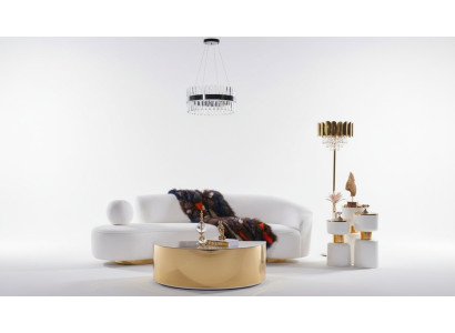 Modern wit bankstel, luxe bekleding, 3-zits halfronde salontafel, 2-delig