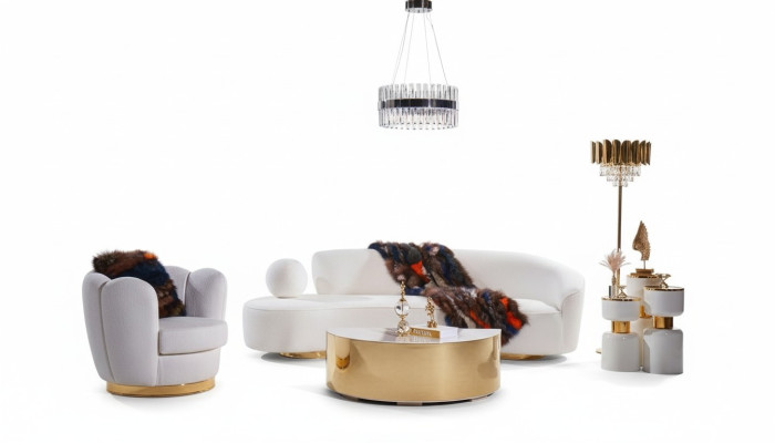 Moderne bankstel Witte driezitsbank Luxe fauteuil Prachtige salontafel