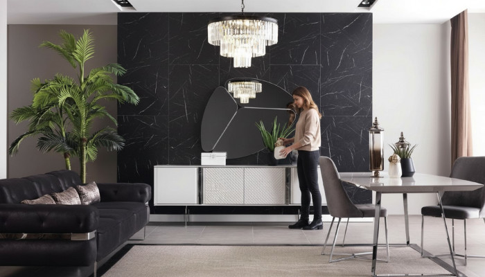 Eetkamer set bank tafel 4x stoel set dressoir spiegel meubels 8-delig