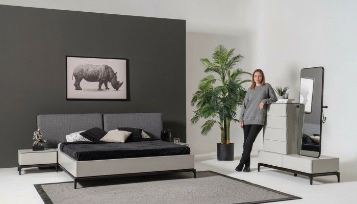 Modern zwart-wit slaapkamer set (bed, twee nachtkastjes, ladekast met spiegel)