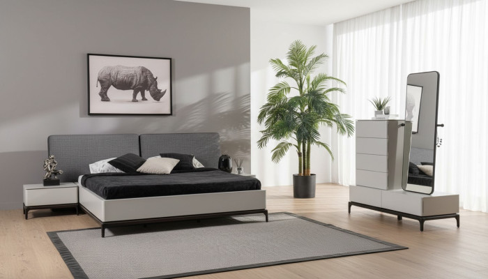 Modern zwart-wit slaapkamer set (bed, twee nachtkastjes, ladekast met spiegel)