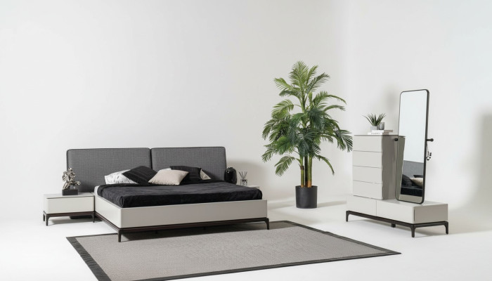 Modern zwart-wit slaapkamer set (bed, twee nachtkastjes, ladekast met spiegel)