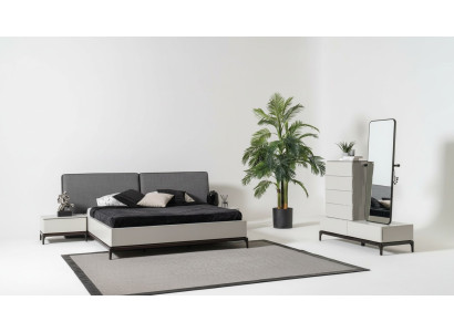 Modern zwart-wit slaapkamer set (bed, twee nachtkastjes, ladekast met spiegel)