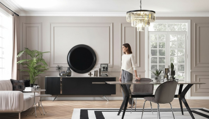 7-delige luxe loft design eetkamerset meubels tafel dressoir 4 stoelen