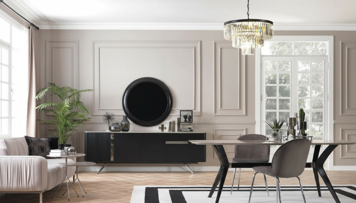 7-delige luxe loft design eetkamerset meubels tafel dressoir 4 stoelen
