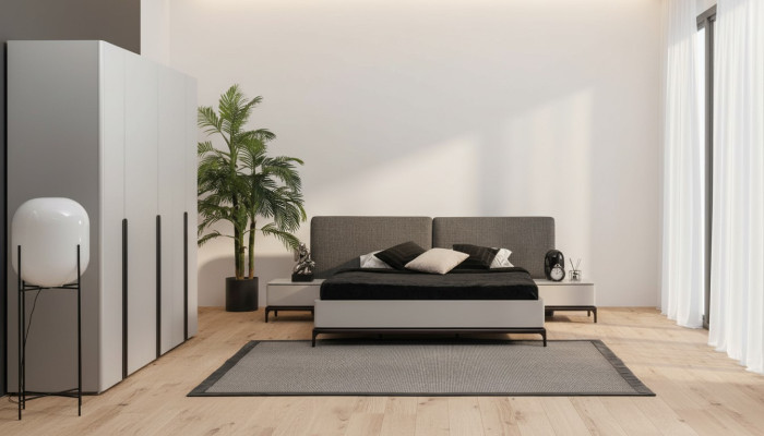 Bed kussen ontwerp luxe dubbele hotelbedden houten meubels lichtgrijs loft