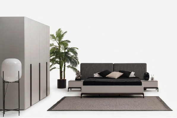 Bed kussen ontwerp luxe dubbele hotelbedden houten meubels lichtgrijs loft