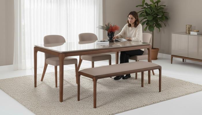 Eetgroep Eetkamer Set Bank 4x Stoelen Tafel Meubels beige 6-delig