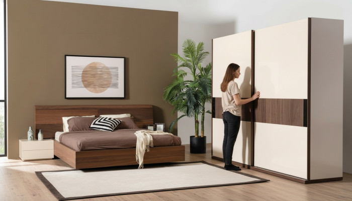 4-delige slaapkamer set Bed 2x Nachtkastjes Kledingkast Kast