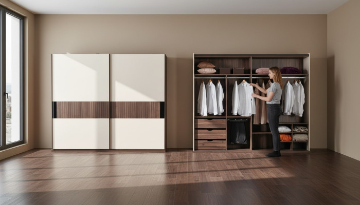 Luxe kledingkast met zweefdeuren houten kast moderne stijl beige