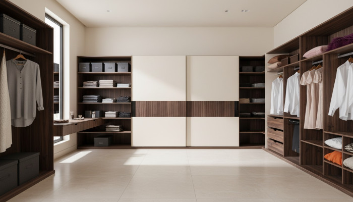 Luxe kledingkast met zweefdeuren houten kast moderne stijl beige