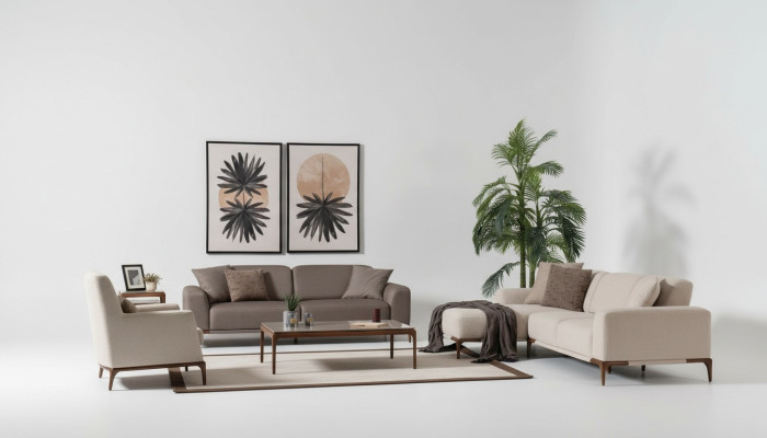 Woonkamer hoekbank L-vorm bank 3 fauteuils salontafel 2 bijzettafels set