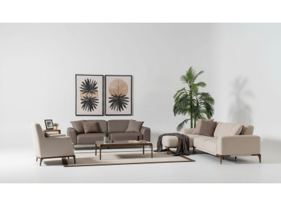 Woonkamer hoekbank L-vorm bank 3 fauteuils salontafel 2 bijzettafels set