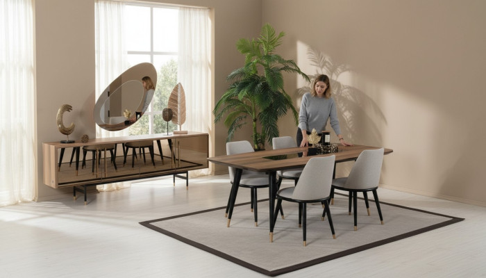 Eetkamer set Tafel 4x stoelen Dressoir Spiegel Set Ontwerp nieuw 7-delig