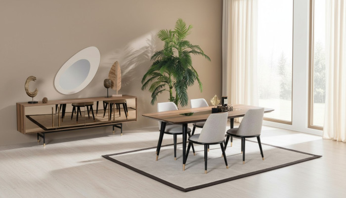 Eetkamer set Tafel 4x stoelen Dressoir Spiegel Set Ontwerp nieuw 7-delig