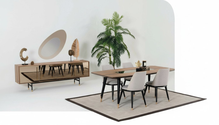 Eetkamer set Tafel 4x stoelen Dressoir Spiegel Set Ontwerp nieuw 7-delig