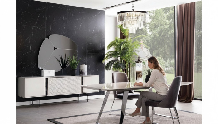 Eetkamergroep set Tafel 4x Stoelen Dressoir Spiegel 7-delig Grijs Eetkamerset