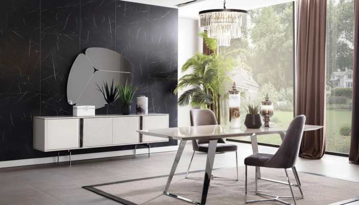 Eetkamergroep set Tafel 4x Stoelen Dressoir Spiegel 7-delig Grijs Eetkamerset