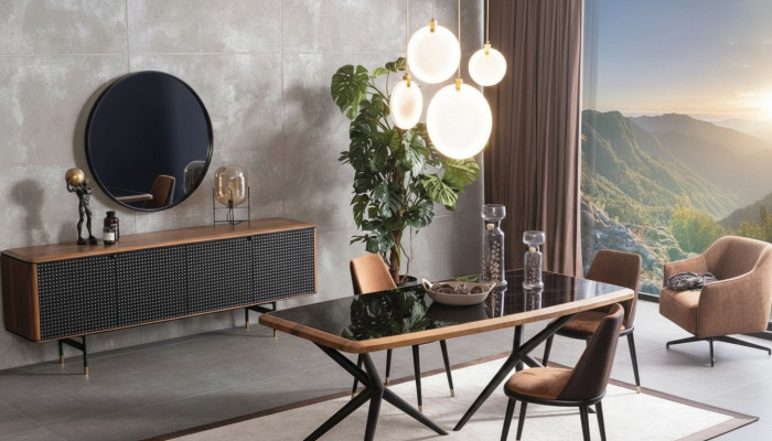 Eetkamer set tafel 4 stoelen dressoir spiegel 7-delige groep eethoek.