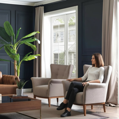 Chesterfield fauteuil bank gestoffeerd luxueus hout met textielstijl moderne lounge