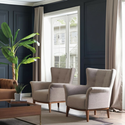Chesterfield fauteuil bank gestoffeerd luxueus hout met textielstijl moderne lounge
