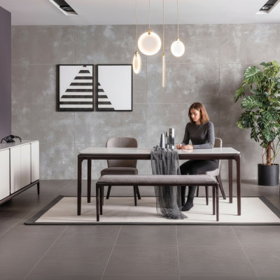 Eetkamer eettafel luxe meubels ontwerp materiaal hout moderne grijs.