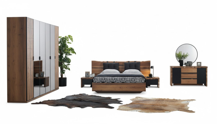 Slaapkamer Bed 2x Nachtkastje Kledingkast Commode Spiegel Set 6-delig