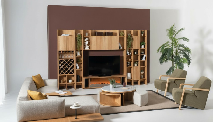 Wandmeubel met elektrische open haard Wandmeubels Hoekbank Fauteuil Compleet set 5-delig