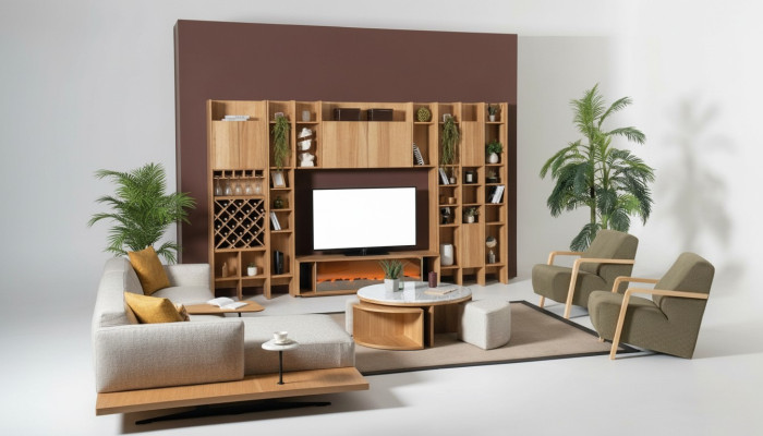 Wandmeubel met elektrische open haard Wandmeubels Hoekbank Fauteuil Compleet set 5-delig