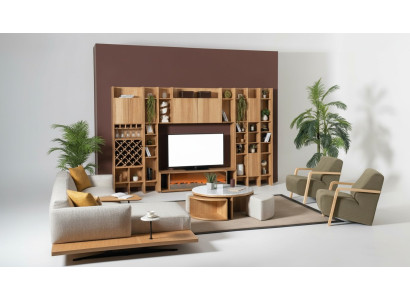 Wandmeubel met elektrische open haard Wandmeubels Hoekbank Fauteuil Compleet set 5-delig