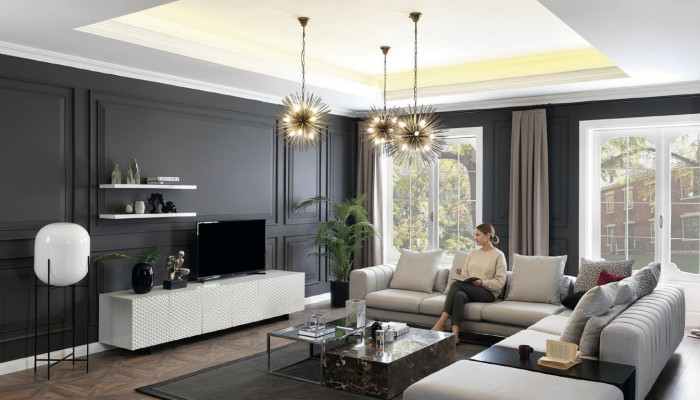 Woonlandschap hoekbank L-vorm tv-standaard 3x salontafel bank stoffen meubels
