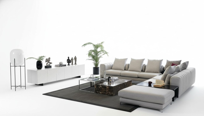 Woonlandschap hoekbank L-vorm tv-standaard 3x salontafel bank stoffen meubels