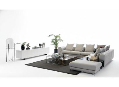 Woonlandschap hoekbank L-vorm tv-standaard 3x salontafel bank stoffen meubels