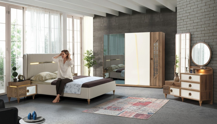 Slaapkamer set Bed 2x Nachtkastjes 5-delig Design Textiel Hout Kledingkast.