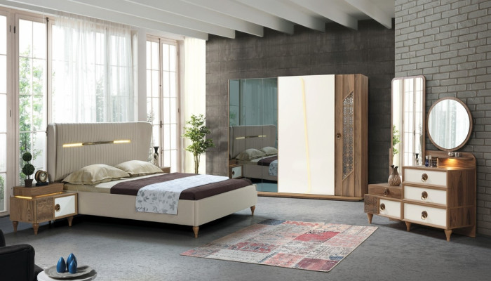 Slaapkamer set Bed 2x Nachtkastjes 5-delig Design Textiel Hout Kledingkast.