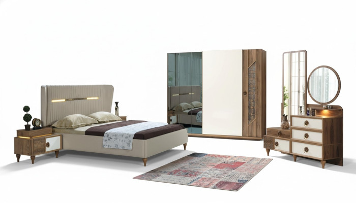 Slaapkamer set Bed 2x Nachtkastjes 5-delig Design Textiel Hout Kledingkast.