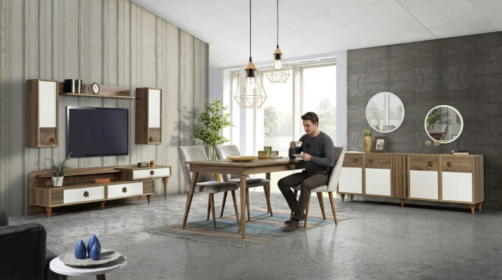 Eetkamerset Tafel 4x Stoelen Dressoirset Garnituur Ontwerp Hout Textiel