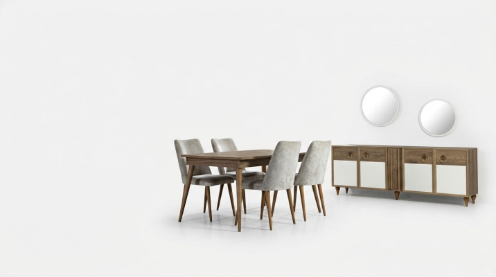 Eetkamerset Tafel 4x Stoelen Dressoirset Garnituur Ontwerp Hout Textiel