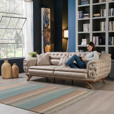 Chesterfield 3-zits Beige Design Banken Gestoffeerde Bankstellen Textiel Bank