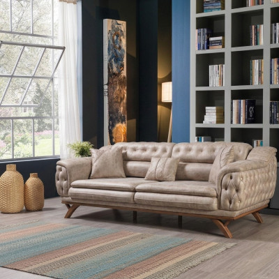 Chesterfield 3-zits Beige Design Banken Gestoffeerde Bankstellen Textiel Bank