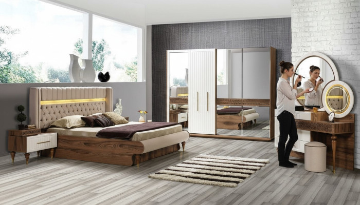 Slaapkamer Bed 2x Nachtkastjes 5-delige Set Compleet Design Meubels Luxe