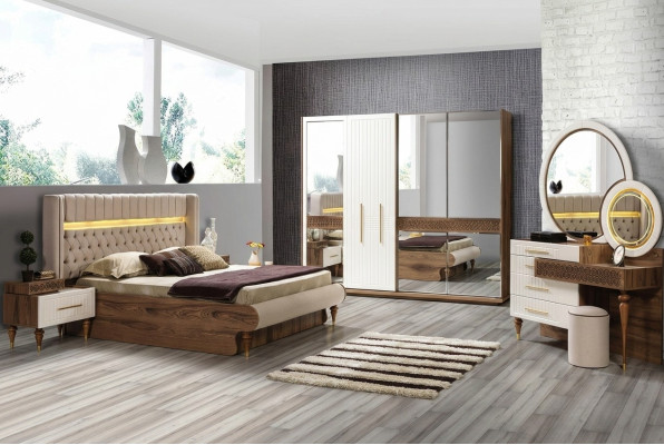 Slaapkamer Bed 2x Nachtkastjes 5-delige Set Compleet Design Meubels Luxe