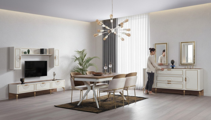 Eetkamerset met tafel, 4 stoelen, dressoir, 2 spiegels en wandmeubel 11-delig.