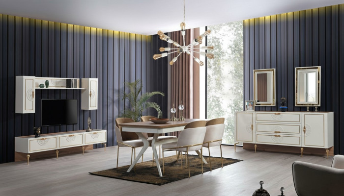 Eetkamerset met tafel, 4 stoelen, dressoir, 2 spiegels en wandmeubel 11-delig.