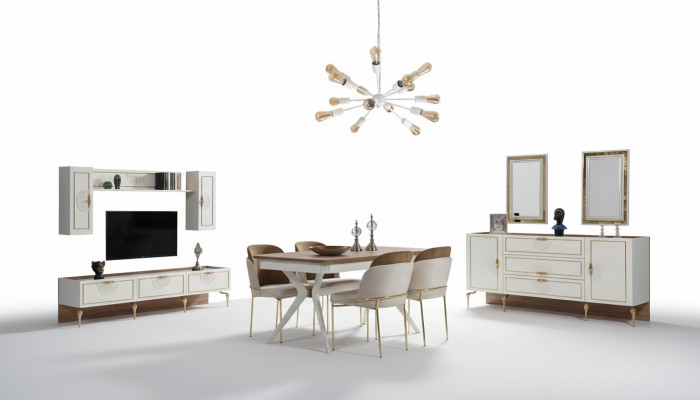 Eetkamerset met tafel, 4 stoelen, dressoir, 2 spiegels en wandmeubel 11-delig.