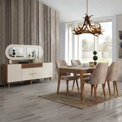 Eetkamerset Tafel 4x Stoel Dressoir Spiegel Meubels 7-delig nieuw Modern