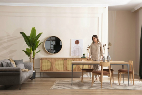 Eetkamer set hout eettafel set tafel dressoir spiegel 4 stoelen 7-delig.